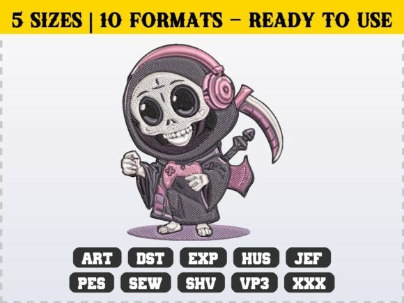Cute Spooky Gamer Grim Reaper Embroidery