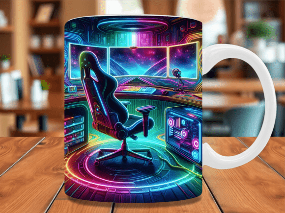 Neon Cyberpunk Gaming Setup Mug Wrap: Elevate Your Custom Mug Designs